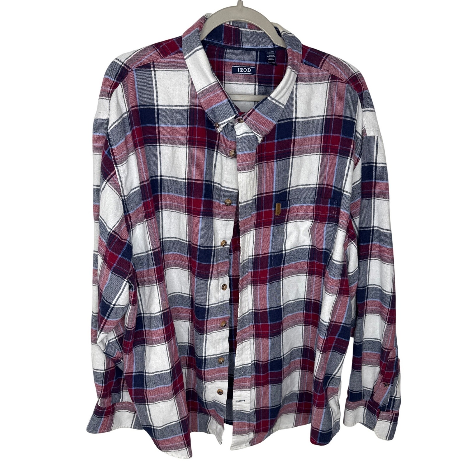 Izod Mens Plaid Flannel Long Sleeve Button Up Shirt 3xl Red Blue White